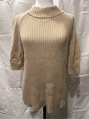 Lands' End Ribbed Mock Neck Short-Sleeve Sweater in Beige